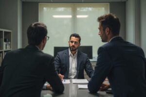 Notário assinando documentos com herdeiros em um cartório.