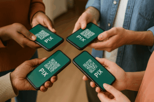 Diversas mãos usando smartphones para transações Pix, simbolizando inclusão.