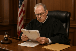 Juiz examinando documentos de herança em um tribunal.