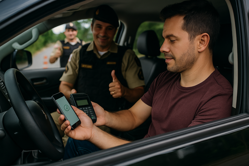 Motorista realizando pagamento via Pix para regularizar débitos durante blitz em Minas Gerais.