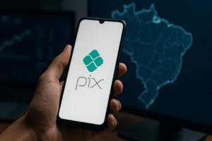 Mão segurando um celular com o logo do Pix, fundo com mapa do Brasil.