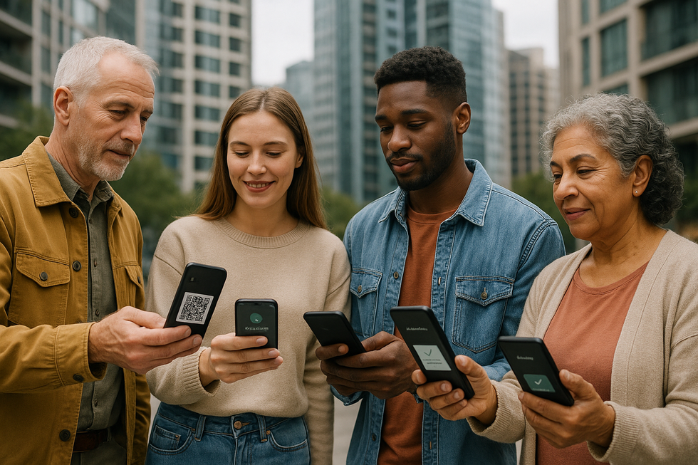 Usuários de diversas origens utilizando Pix para transações em um ambiente urbano.