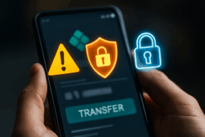 Digital security elements overlaying a Pix system interface to signify protective measures.