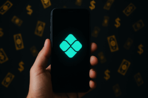 Mão segurando ícone de Pix com fundo de símbolos de dinheiro caindo.