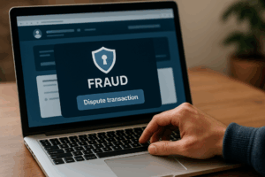 Person using a banking app on a computer showing a refund claim process.