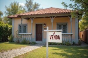 Família reunida em um escritório avaliando documentação para venda de propriedade.