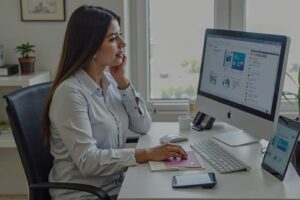 Pessoa preocupada em frente ao computador, ligando para o banco sobre golpe no Pix.