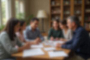 Família e advogado revisando documentos de herança em uma mesa grande.