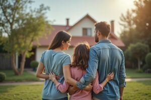 Família em frente a uma casa, refletindo sobre a herança.