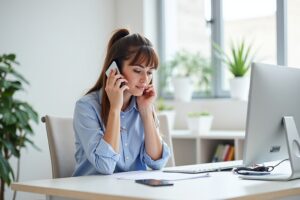 Pessoa preocupada em frente ao computador, ligando para o banco sobre golpe no Pix.