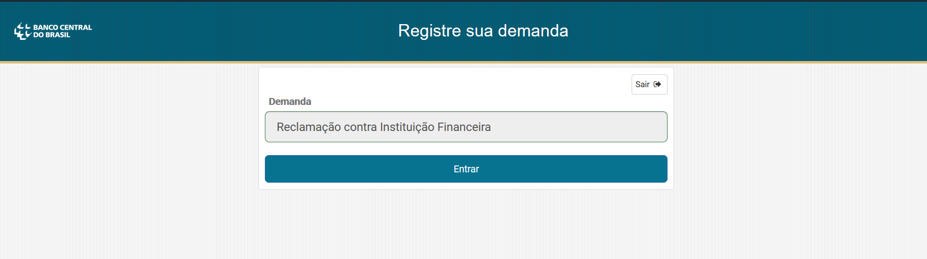Tela de entrada no sistema do Banco Central após login gov.br