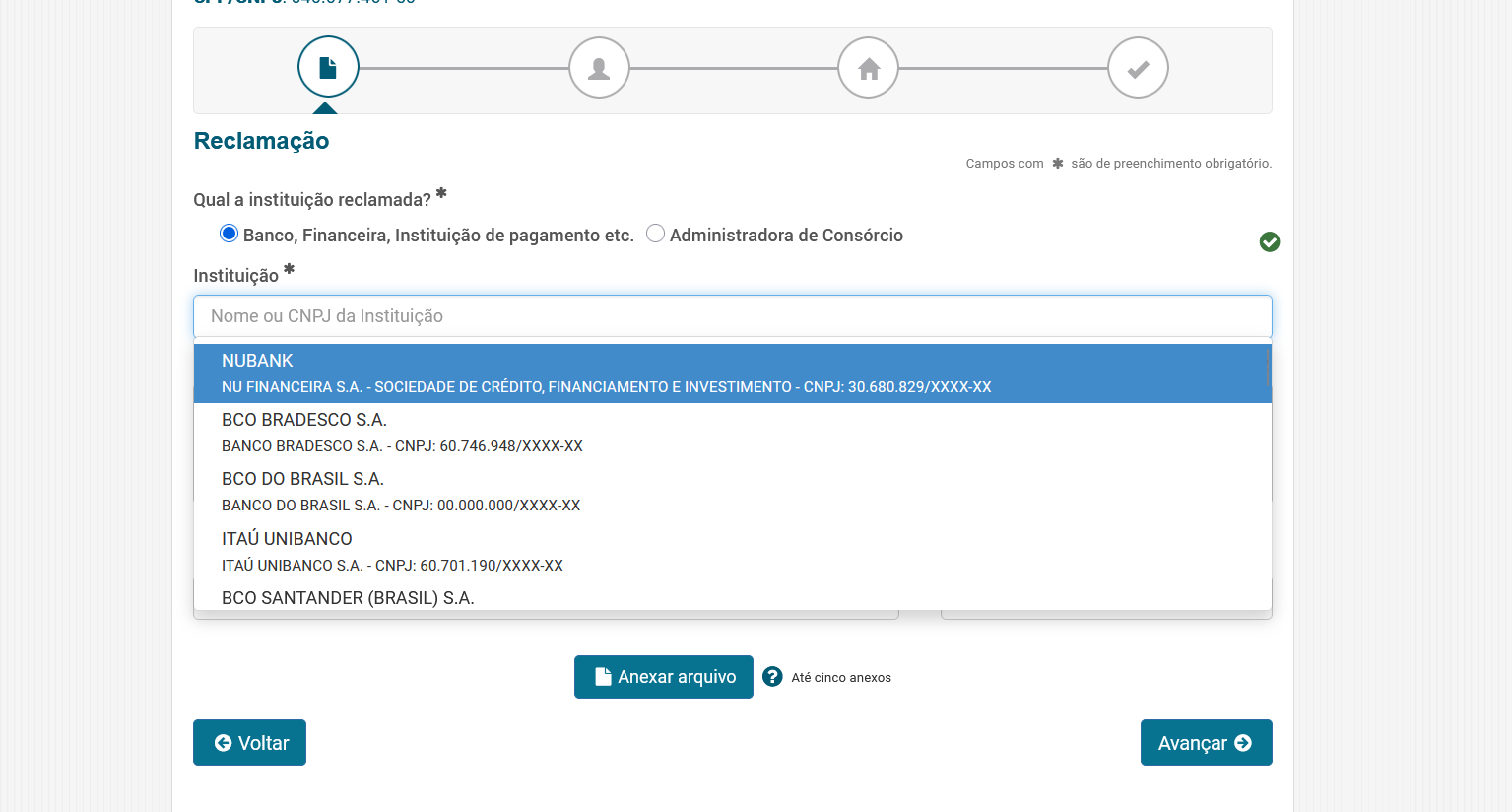 Seleção da instituição financeira no sistema do Banco Central