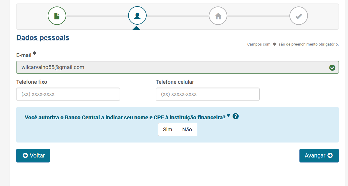 Tela de confirmação de CPF no sistema do Banco Central